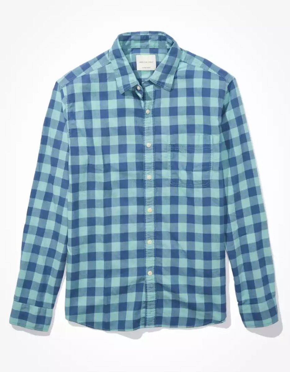 Hauts Flanelle American Eagle AE Super Soft Everyday Plaid Button-Up Shirt Turquoise Homme | CTT-01497882